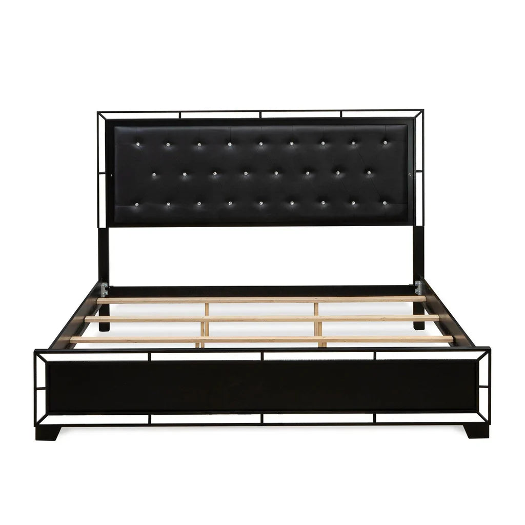 Xymera Nella King Size Black Faux Leather Bed Frame – Modern Button Tufted with LED Headboard