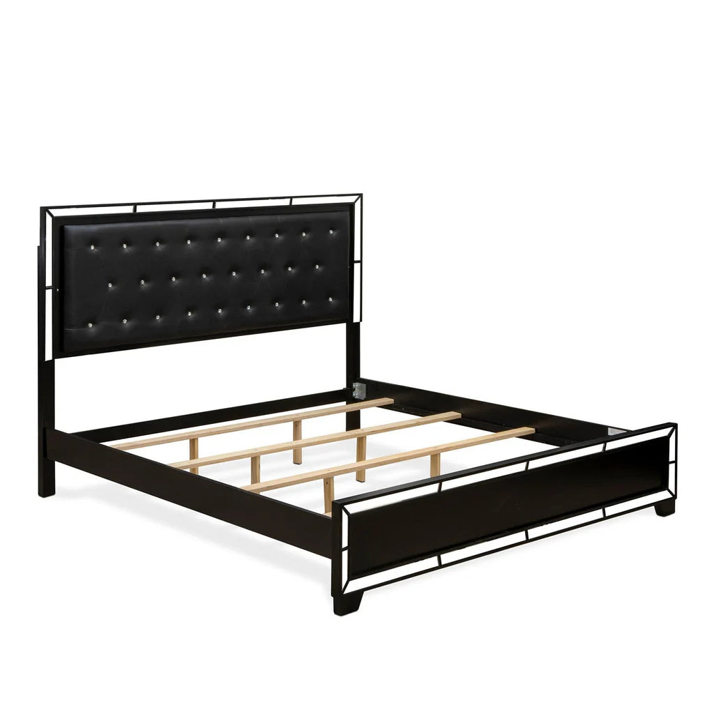 Xymera Nella King Size Black Faux Leather Bed Frame – Modern Button Tufted with LED Headboard