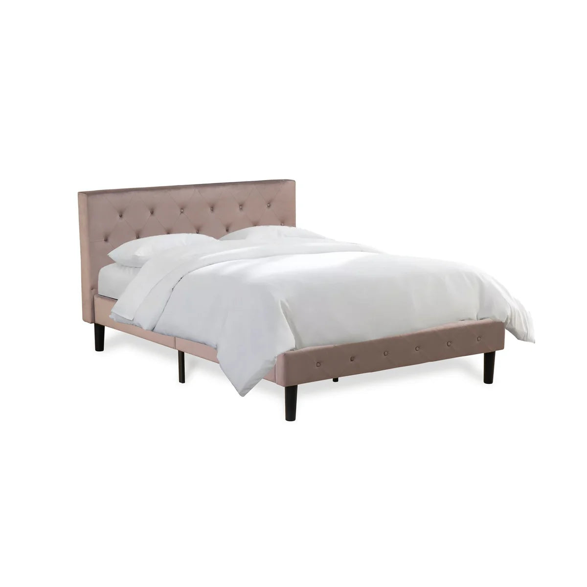 Kamal Nolan Full Brown Taupe Velvet Platform Bed – Modern Button-Tufted Headboard & Footboard