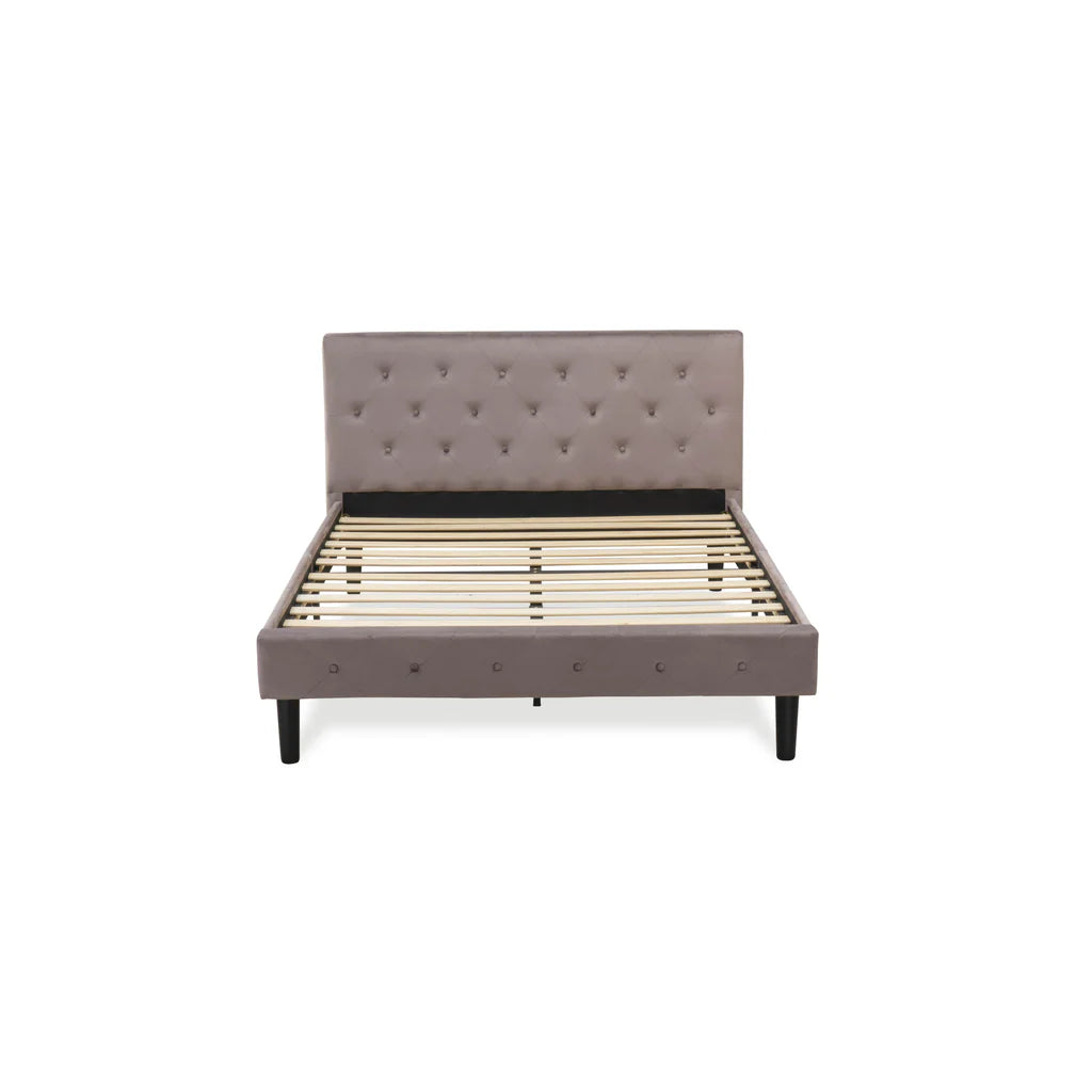 Kamal Nolan Full Brown Taupe Velvet Platform Bed – Modern Button-Tufted Headboard & Footboard