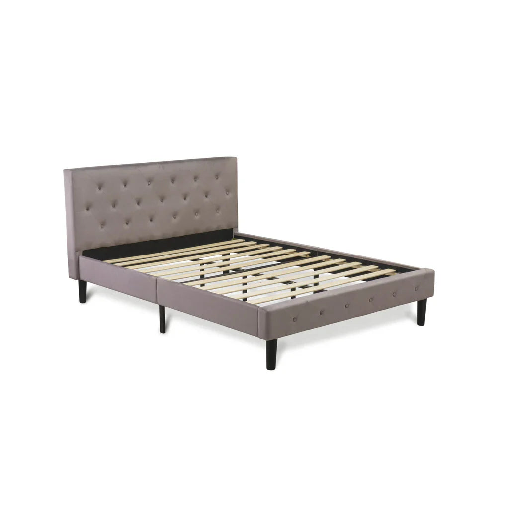 Kamal Nolan Full Brown Taupe Velvet Platform Bed Modern Button-Tufted Headboard & Footboard