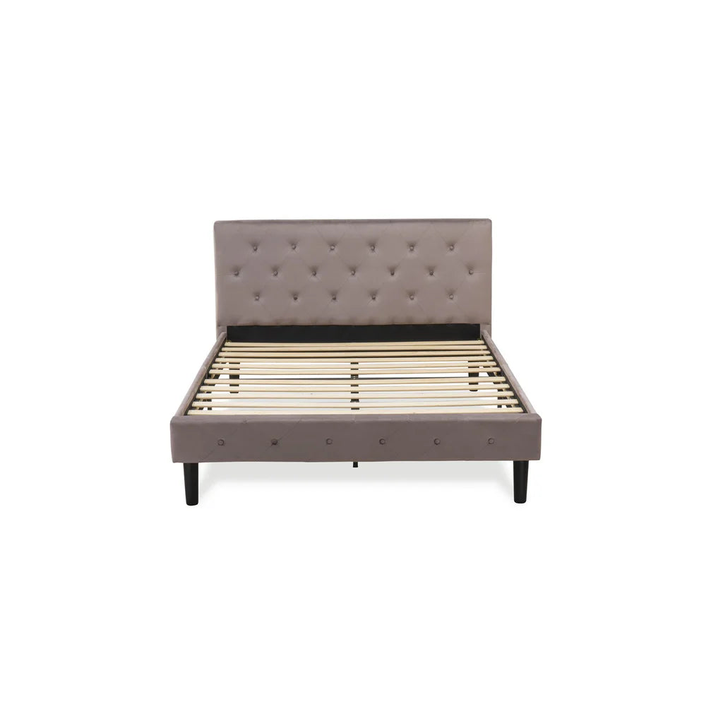 Joshen Nolan Collection Queen Brown Taupe Velvet Fabric Platform Bed – Button Tufted Headboard Footboard Black Legs