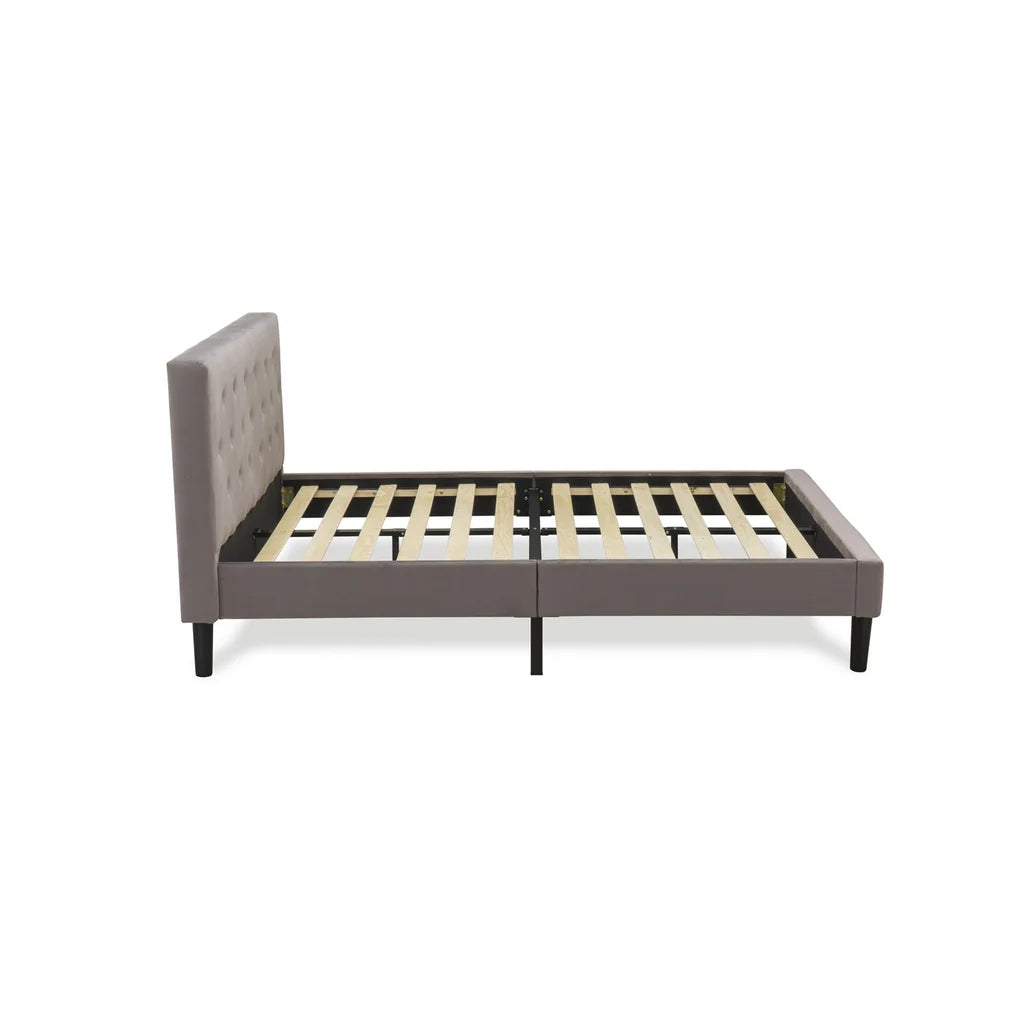 Joshen Nolan Collection Queen Brown Taupe Velvet Fabric Platform Bed – Button Tufted Headboard Footboard Black Legs
