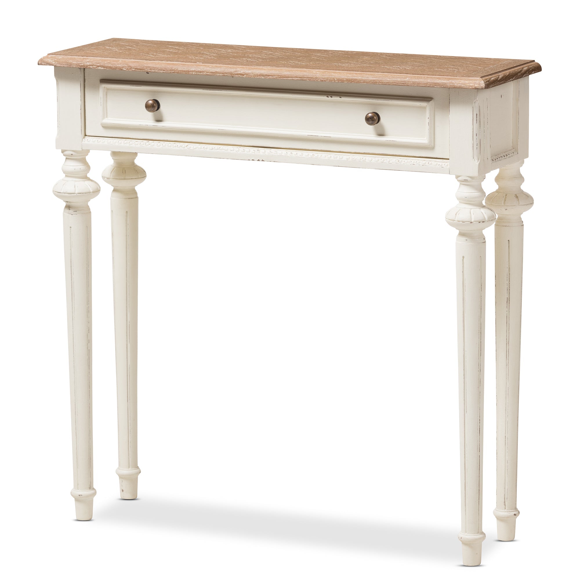 Marquetterie French Provincial Style Weathered Oak and White Wash Distressed Finish Wood Two-Tone Console Table