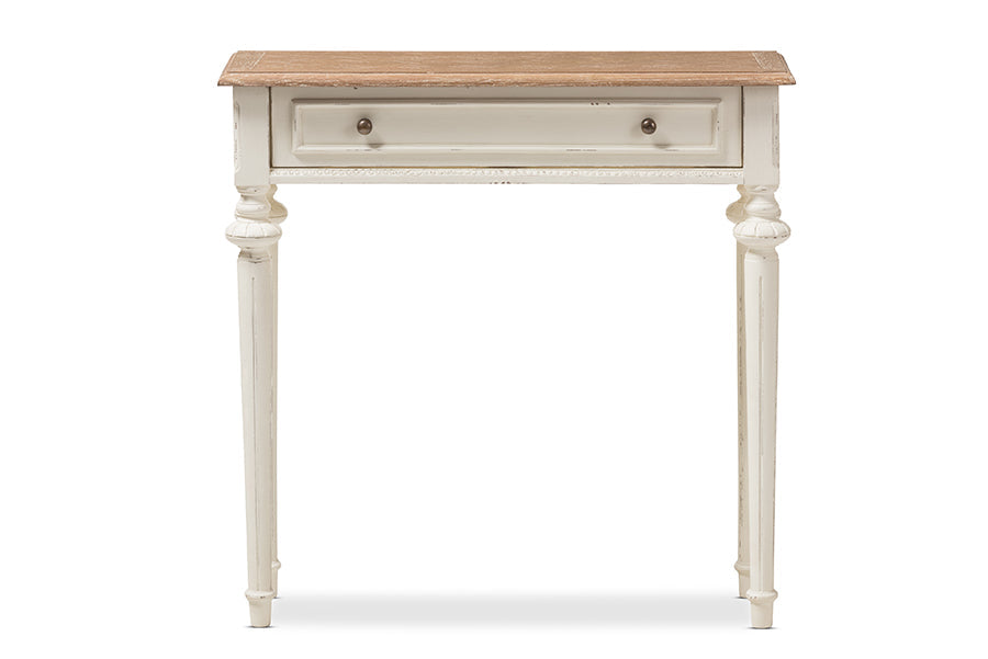 Marquetterie French Provincial Style Weathered Oak and White Wash Distressed Finish Wood Two-Tone Console Table