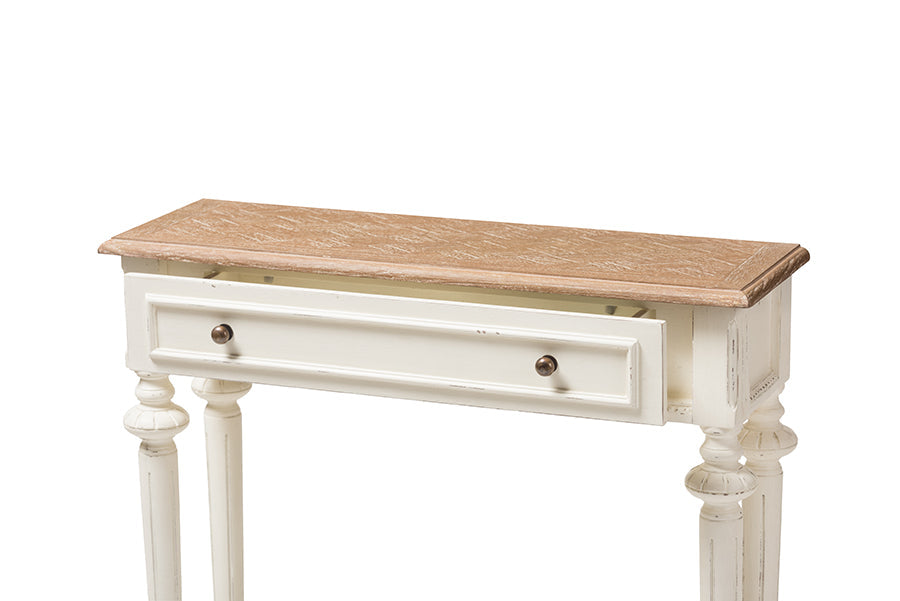 Marquetterie French Provincial Style Weathered Oak and White Wash Distressed Finish Wood Two-Tone Console Table