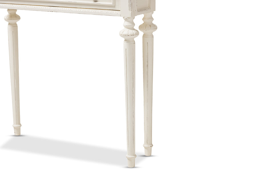 Marquetterie French Provincial Style Weathered Oak and White Wash Distressed Finish Wood Two-Tone Console Table