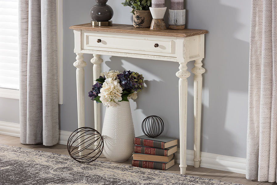 Marquetterie French Provincial Style Weathered Oak and White Wash Distressed Finish Wood Two-Tone Console Table
