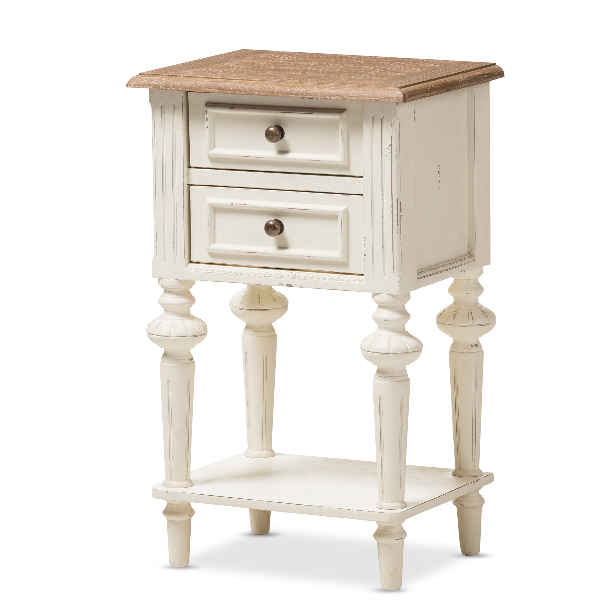 Marquetterie French Provincial Style Weathered Oak and White Wash Distressed Finish Wood Two-Tone 2-Drawer and 1-Shelf Nightstand