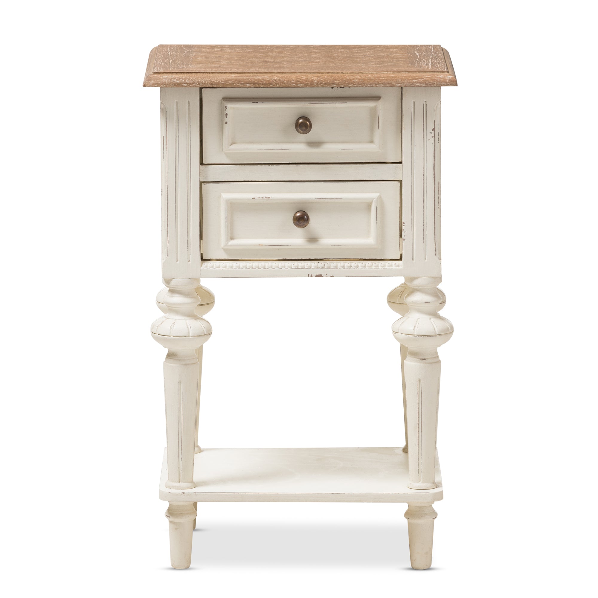 Marquetterie French Provincial Style Weathered Oak and White Wash Distressed Finish Wood Two-Tone 2-Drawer and 1-Shelf Nightstand