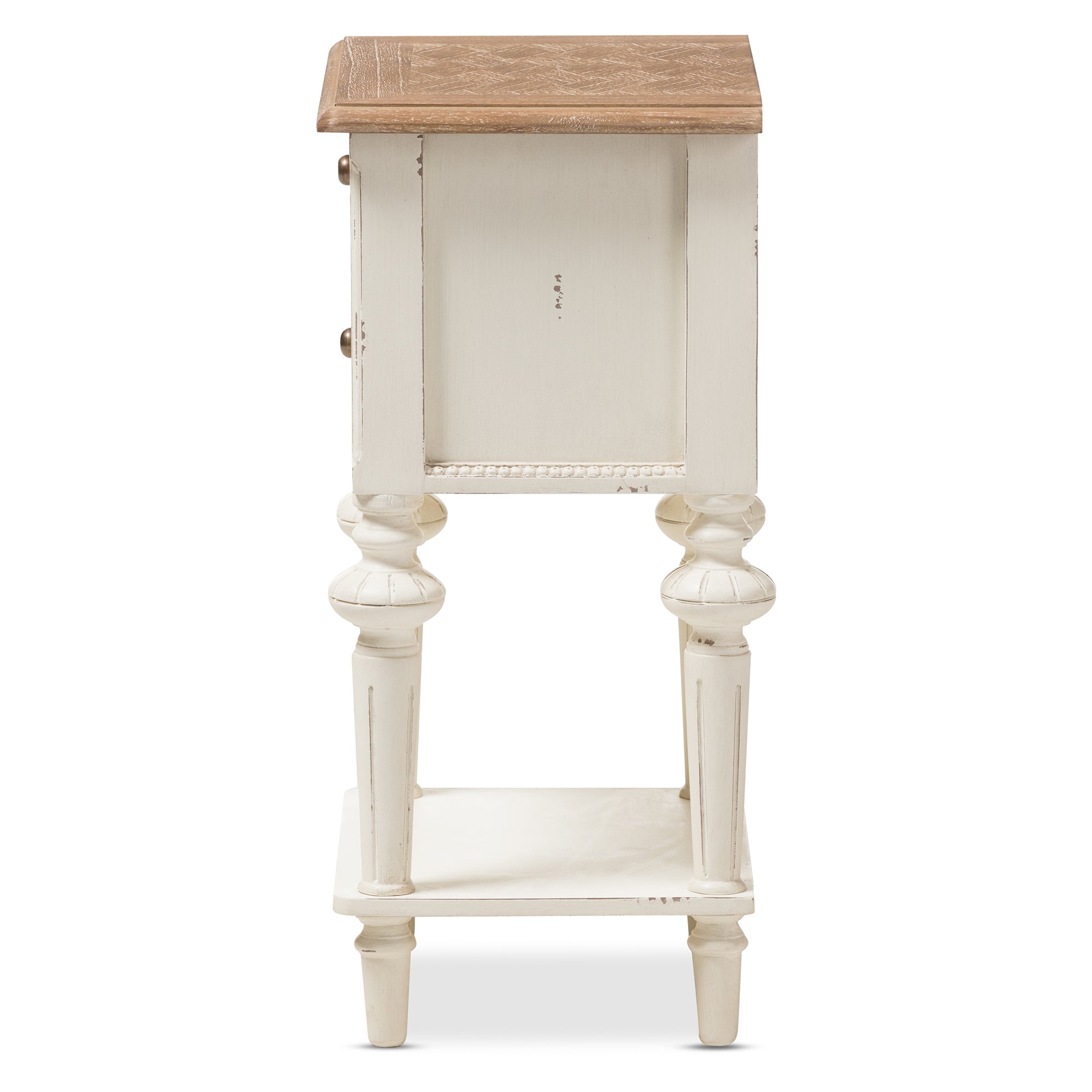 Marquetterie French Provincial Style Weathered Oak and White Wash Distressed Finish Wood Two-Tone 2-Drawer and 1-Shelf Nightstand