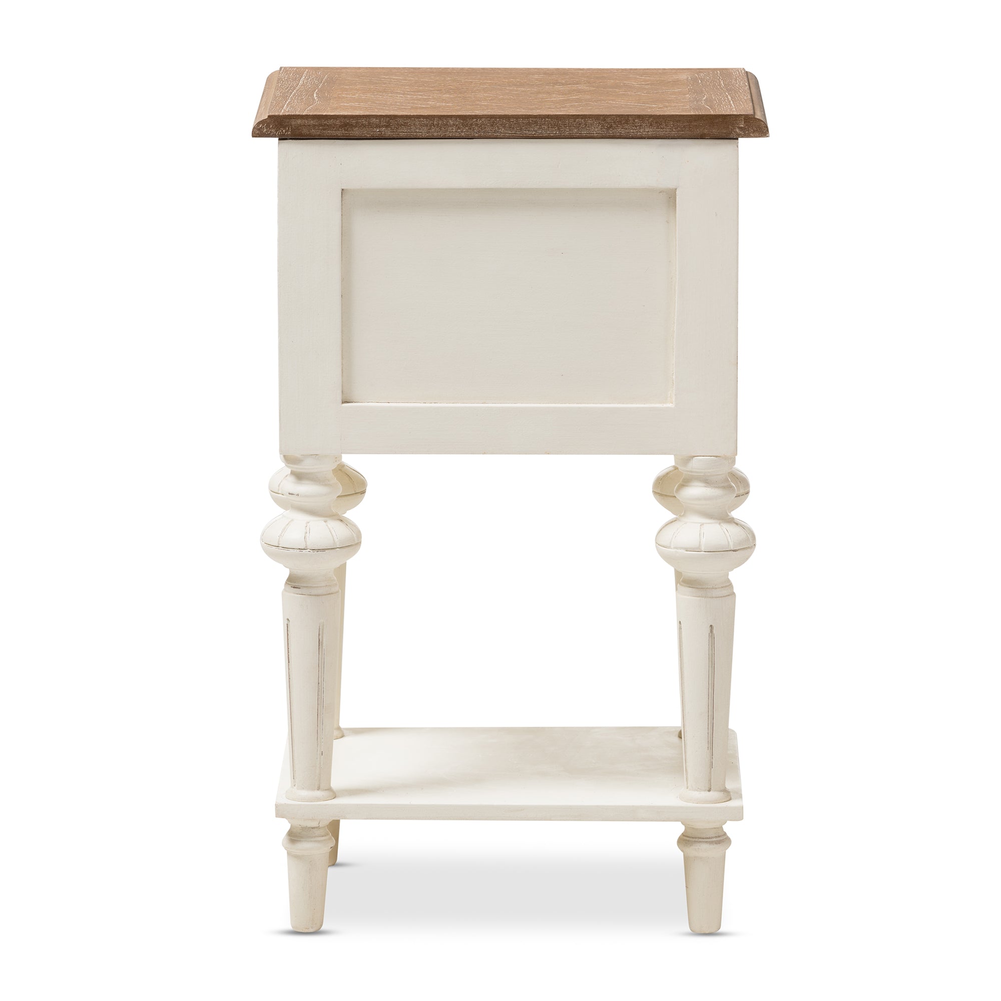 Marquetterie French Provincial Style Weathered Oak and White Wash Distressed Finish Wood Two-Tone 2-Drawer and 1-Shelf Nightstand