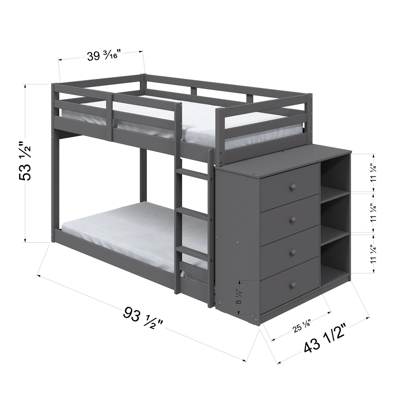 Nastik Gaston Gray Wood Bunk Bed T/T – With Drawers, Compartments & Ladder
