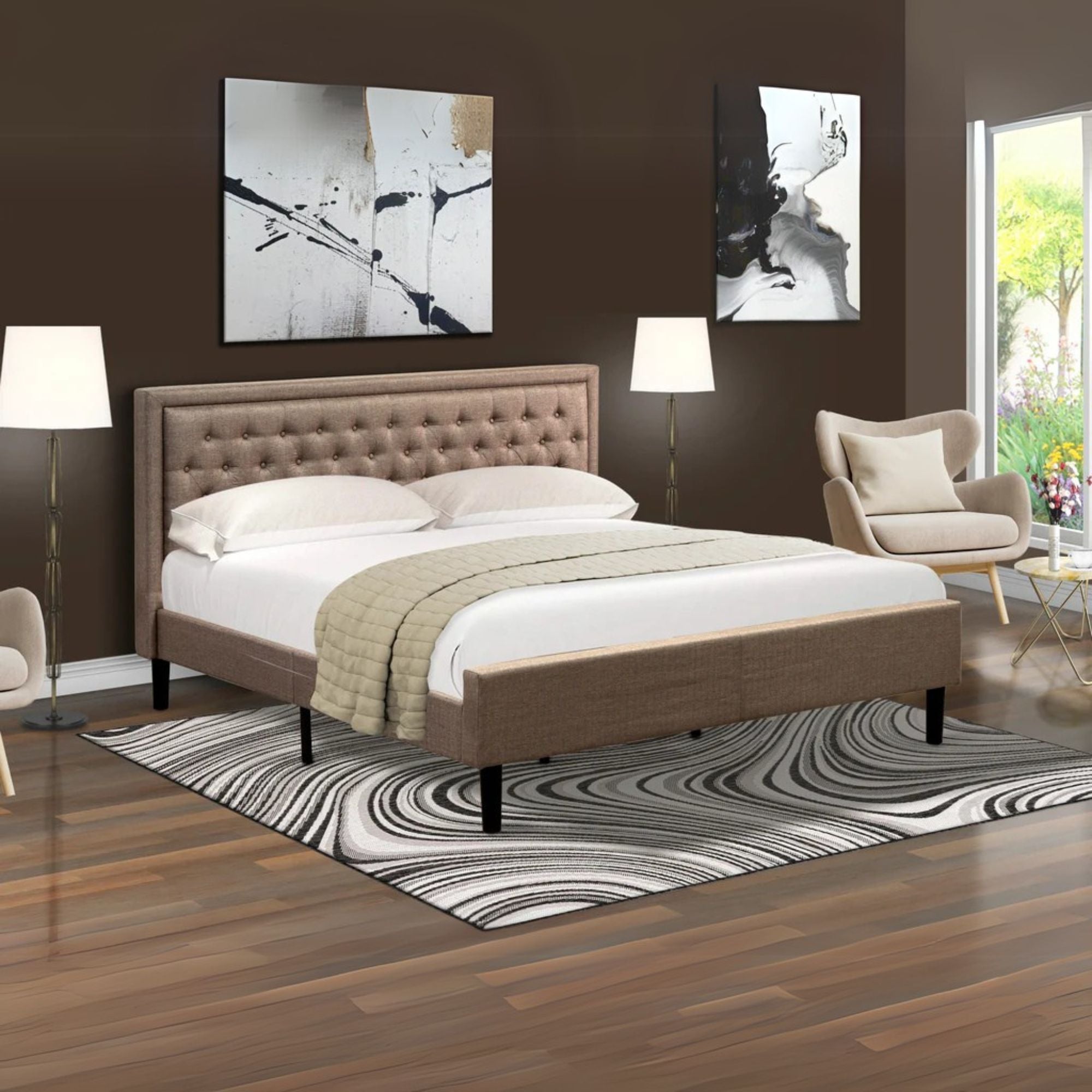 Aimi KhakiLux King Linen Fabric Platform Bed – Dark Khaki Upholstery, Tufted Headboard, Black Legs
