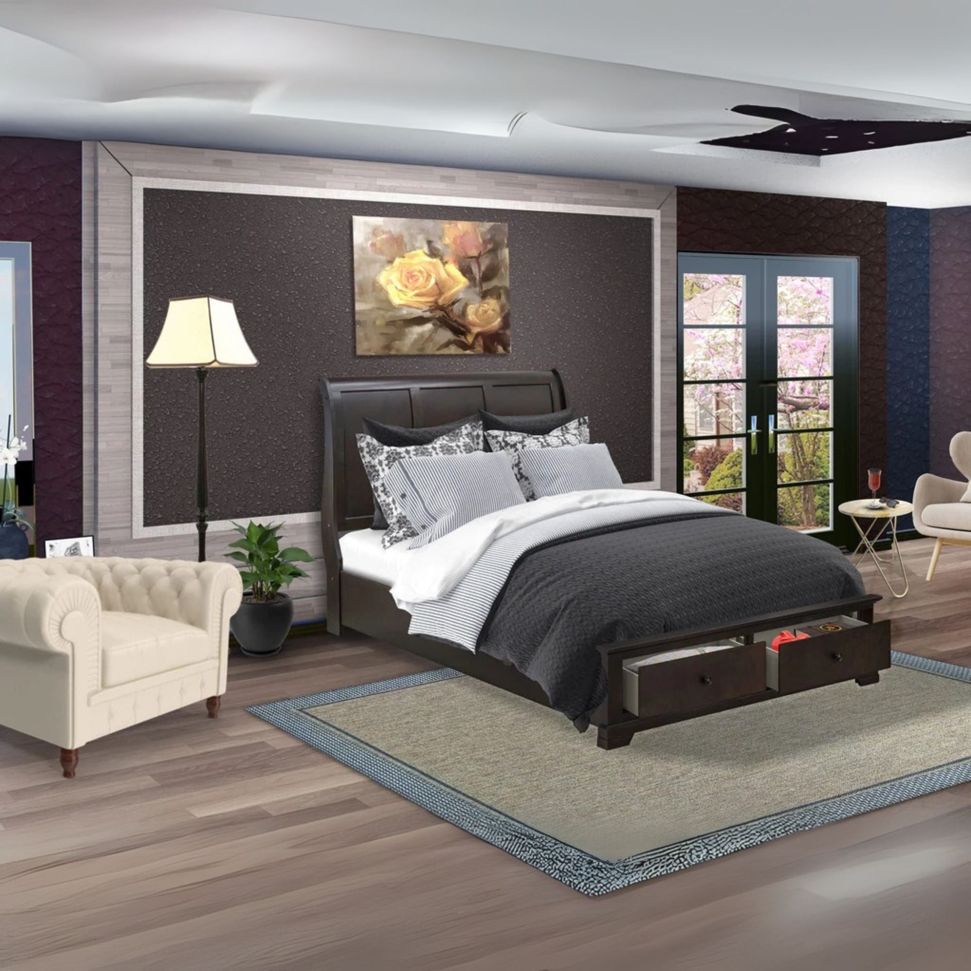 Quiston Cordova Queen Brown Engineered Wood Platform Bed – Wire Brushed Walnut with Storage