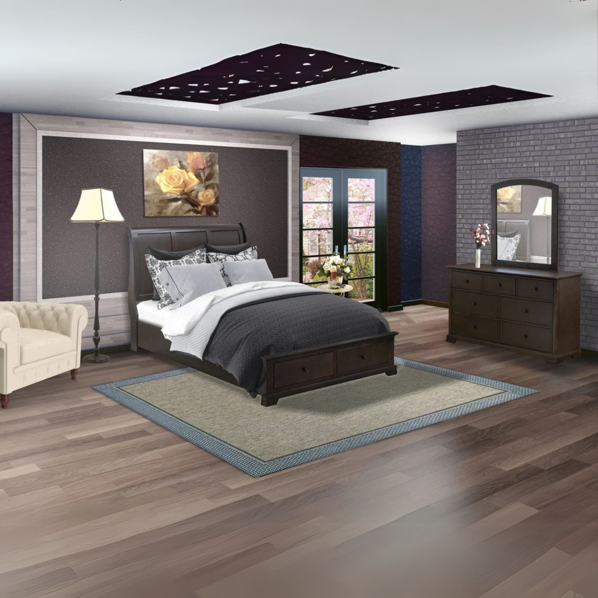 Salida Cordova Queen Wire Brushed Walnut Wood 3-Piece Bedroom Set – Mid Century Modern Platform Bed with Storage Drawers