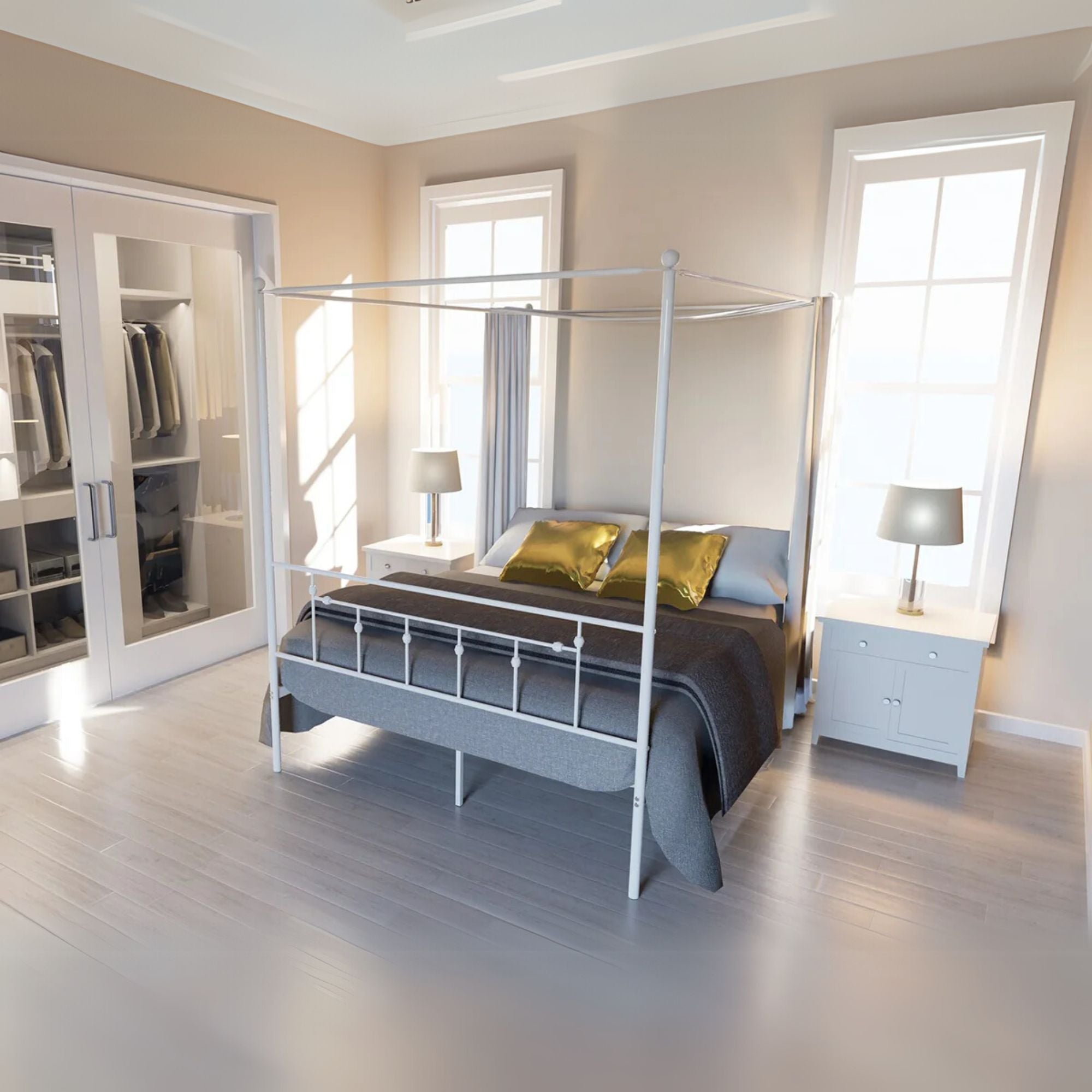 Canopy Anniston Queen White Metal Canopy Bed – Luxurious Style with Headboard & Footboard