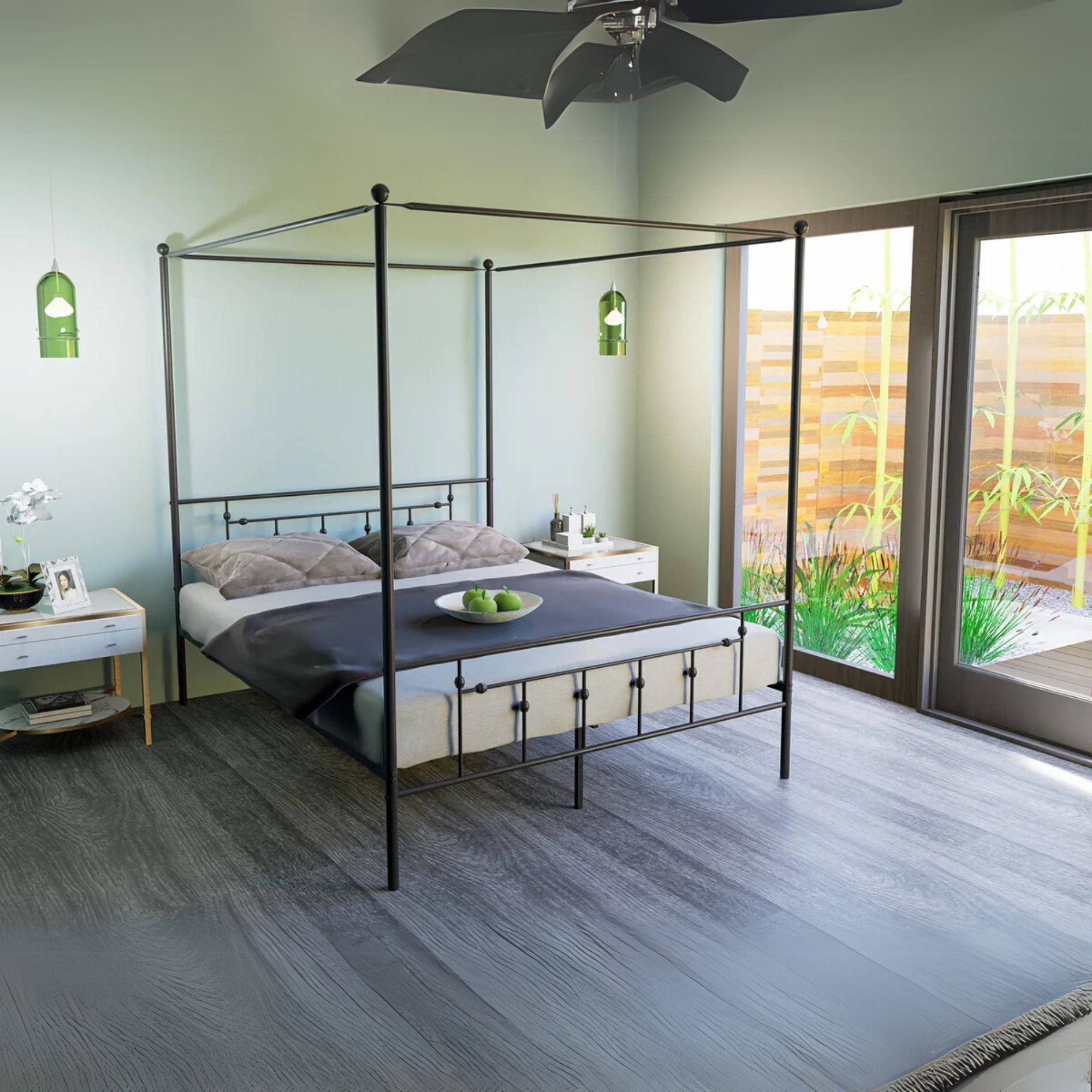 Elodia Nniston Queen Black Metal Canopy Bed – Modern Deluxe Design with Headboard & Footboard