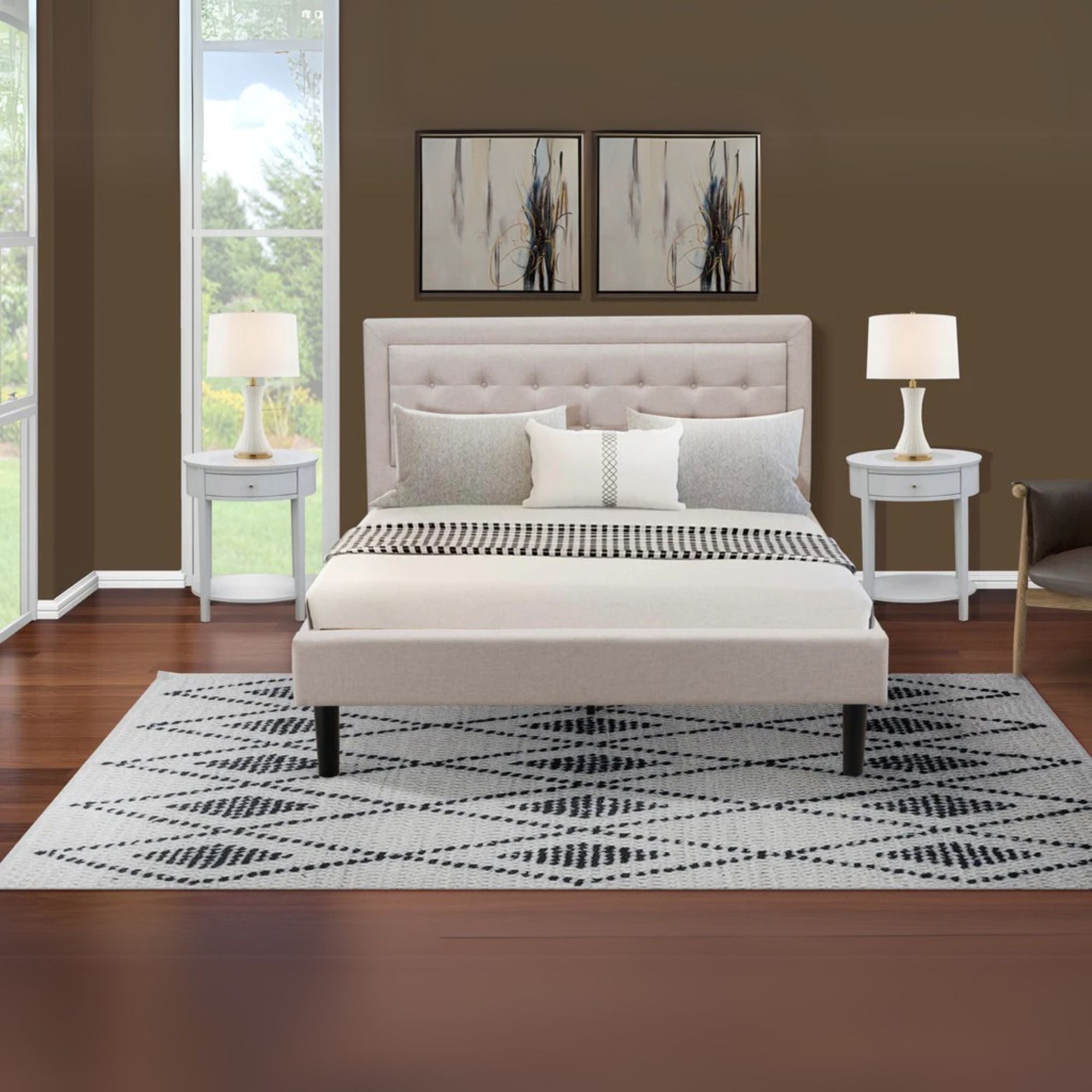 Redmond Aspen Queen Size Upholstered Bed – Mist Beige Linen & Tufted Headboard