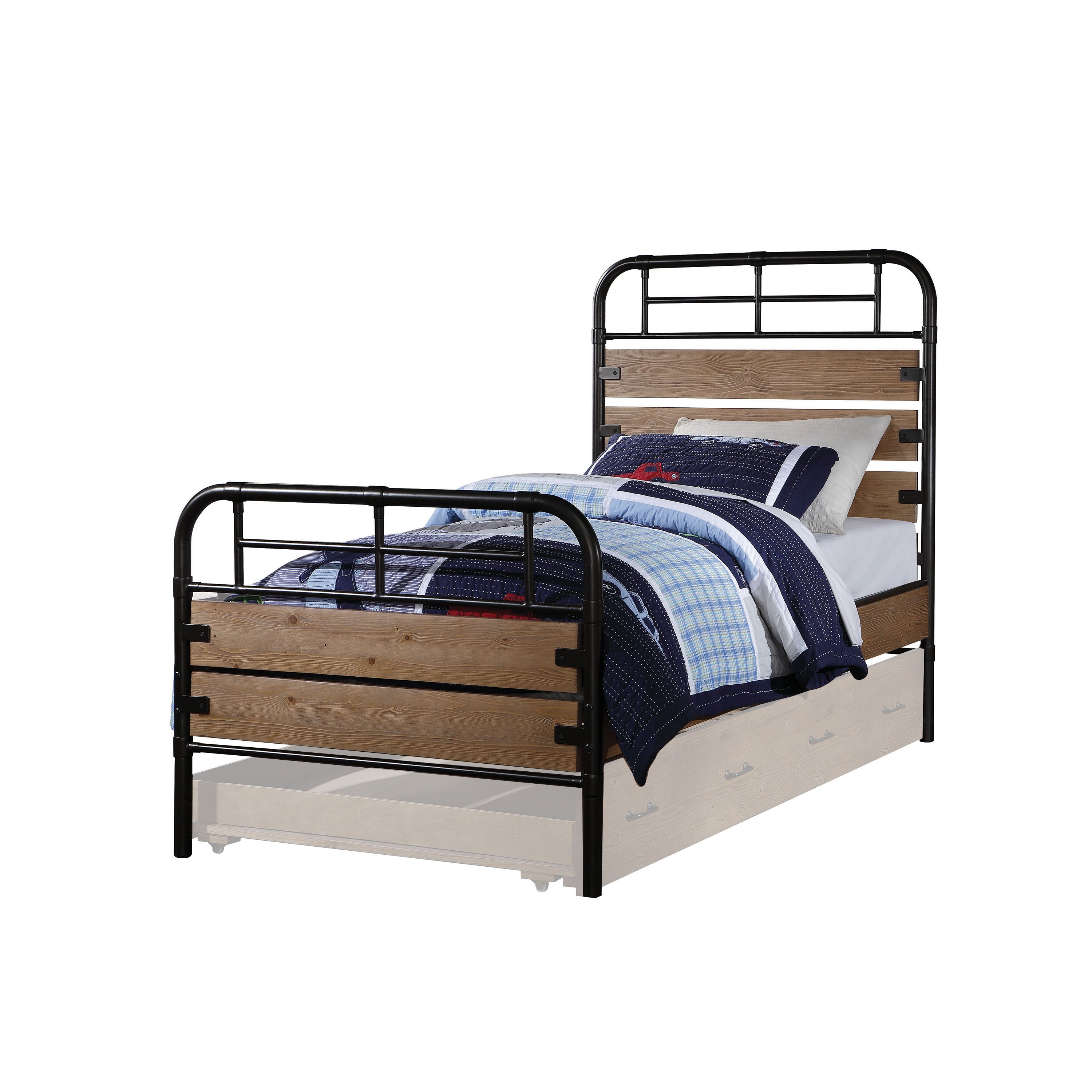 Lynden Twin Size Antique Oak Gunmetal Metal Bed Frame – Industrial Youth Bedroom with Wood Headboard