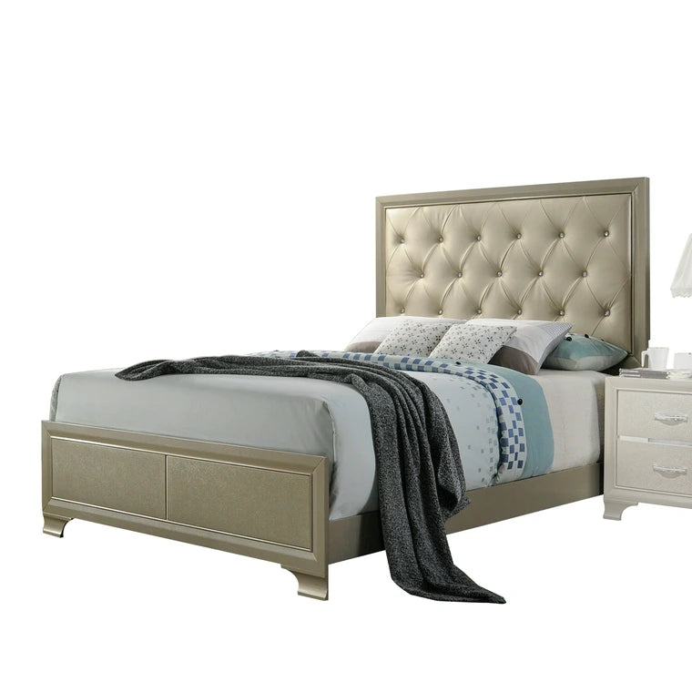 Tuley Carine Collection Queen Bed Champagne Faux Leather – Elegant Tufted Upholstered Design
