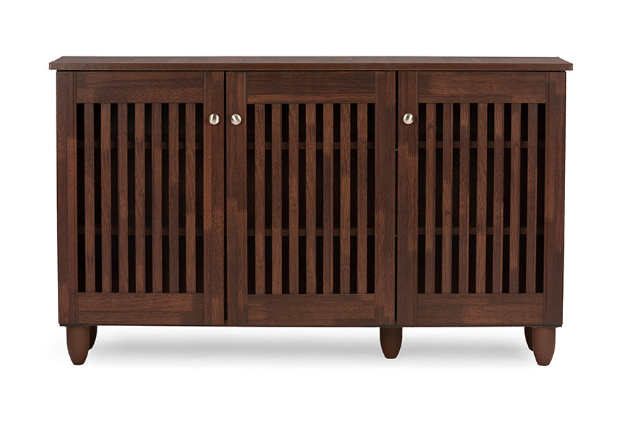 Baxton Studio Fernanda Modern and Contemporary 3-Door Oak Brown Wooden Entryway Shoes Storage Wide Cabinet
