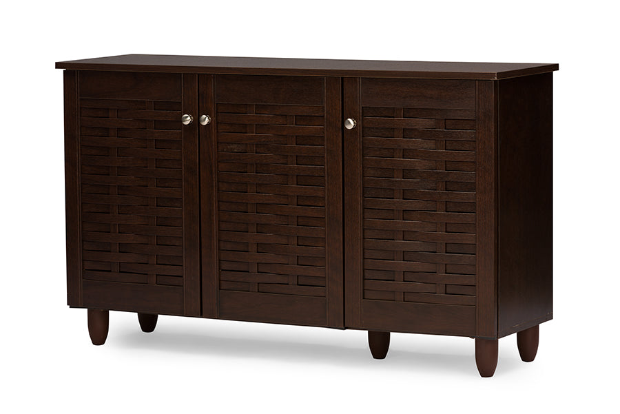 Winda Modern and Contemporary 3-Door Dark Brown Wooden Entryway Shoes Storage Cabinet