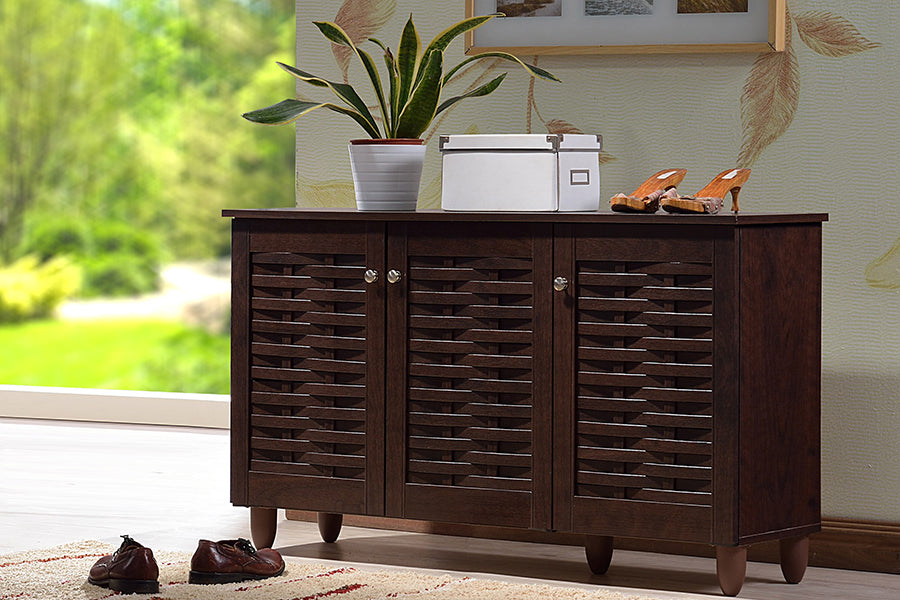 Winda Modern and Contemporary 3-Door Dark Brown Wooden Entryway Shoes Storage Cabinet
