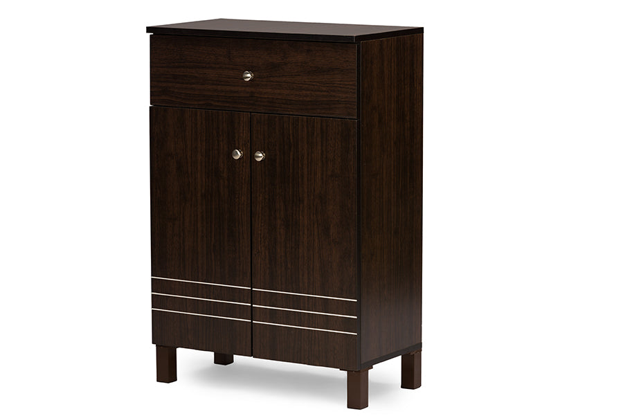 Felda Dark Brown Modern Shoe Cabinet with 2 Doors and Drawer
