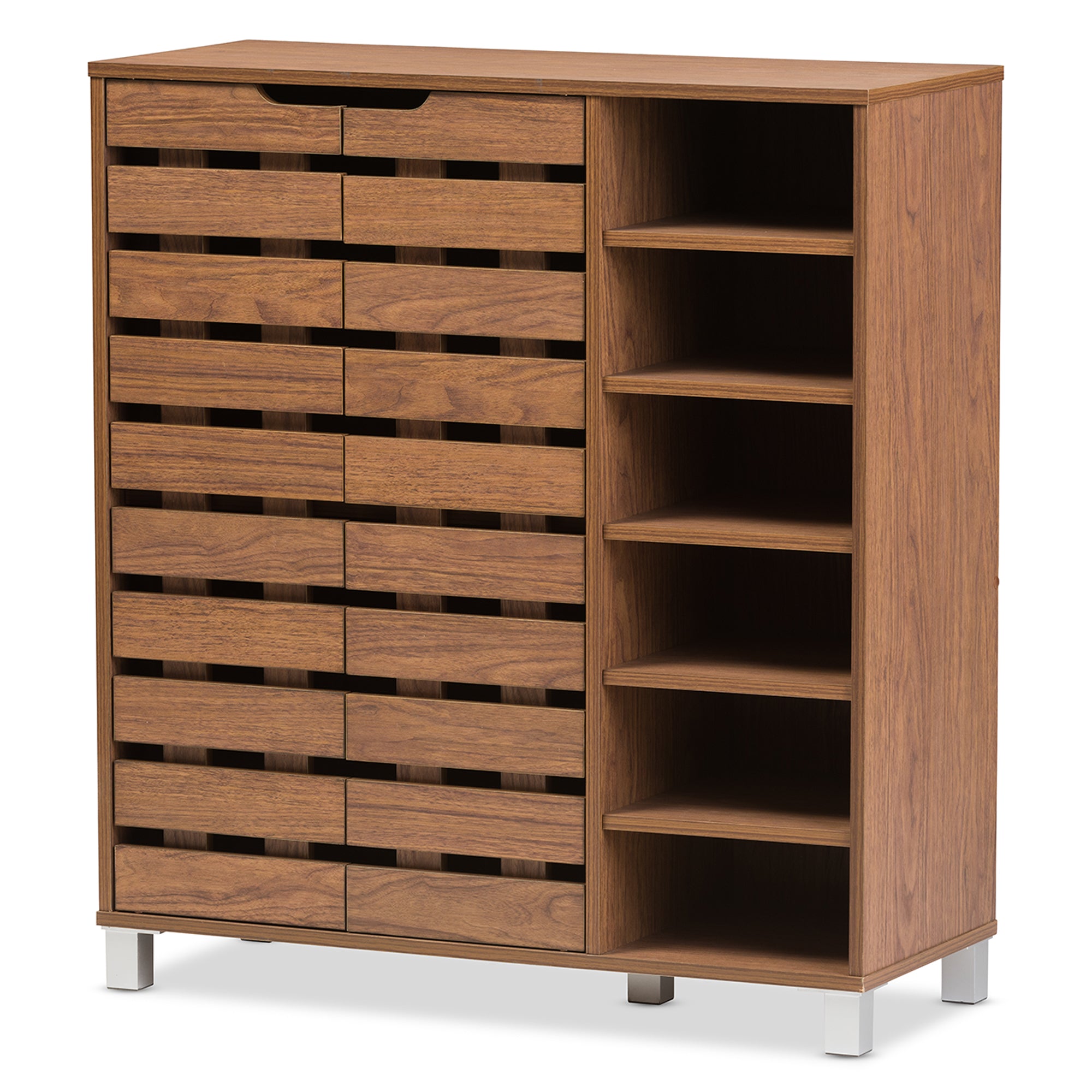 Shirley Modern and Contemporary "Walnut" Medium Brown Wood 2-Door Shoe Cabinet with Open Shelves