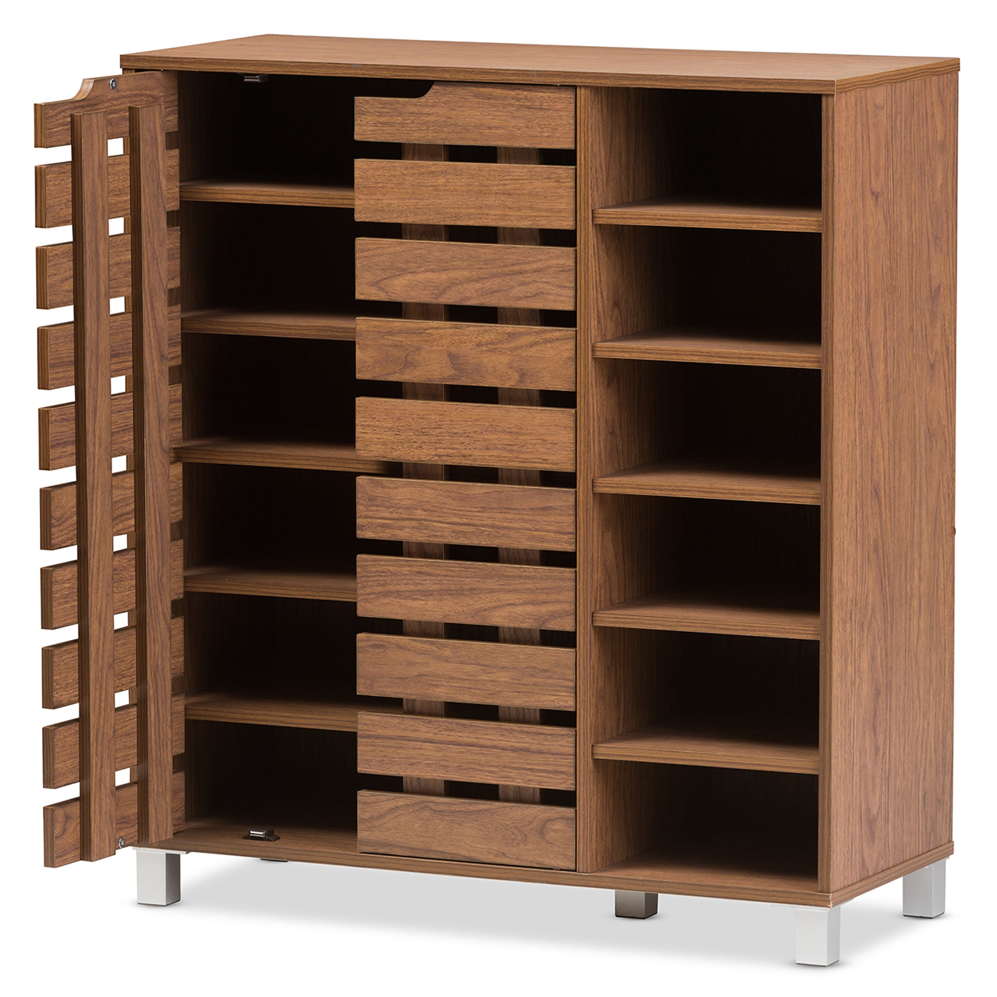 Shirley Modern and Contemporary "Walnut" Medium Brown Wood 2-Door Shoe Cabinet with Open Shelves