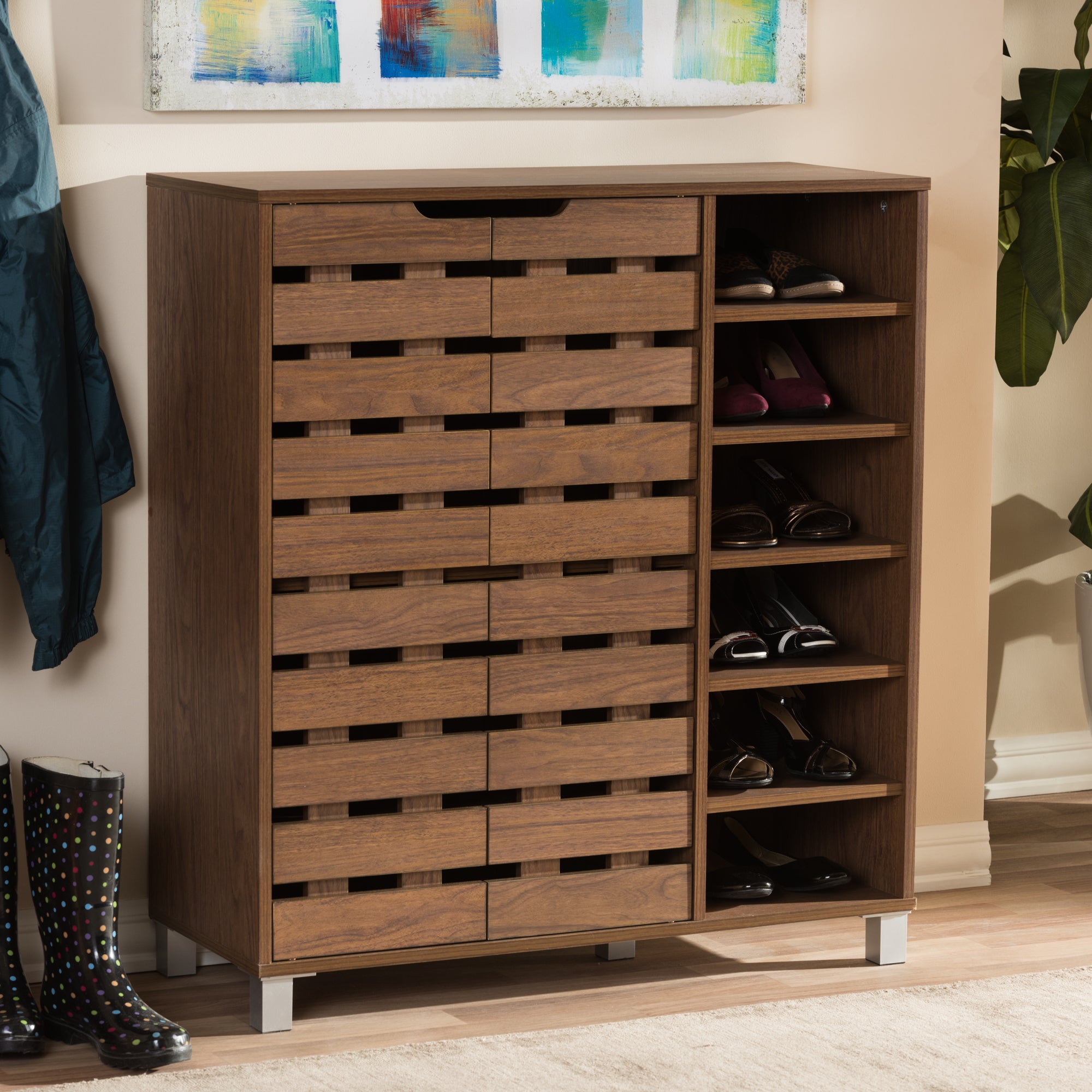 Shirley Modern and Contemporary "Walnut" Medium Brown Wood 2-Door Shoe Cabinet with Open Shelves
