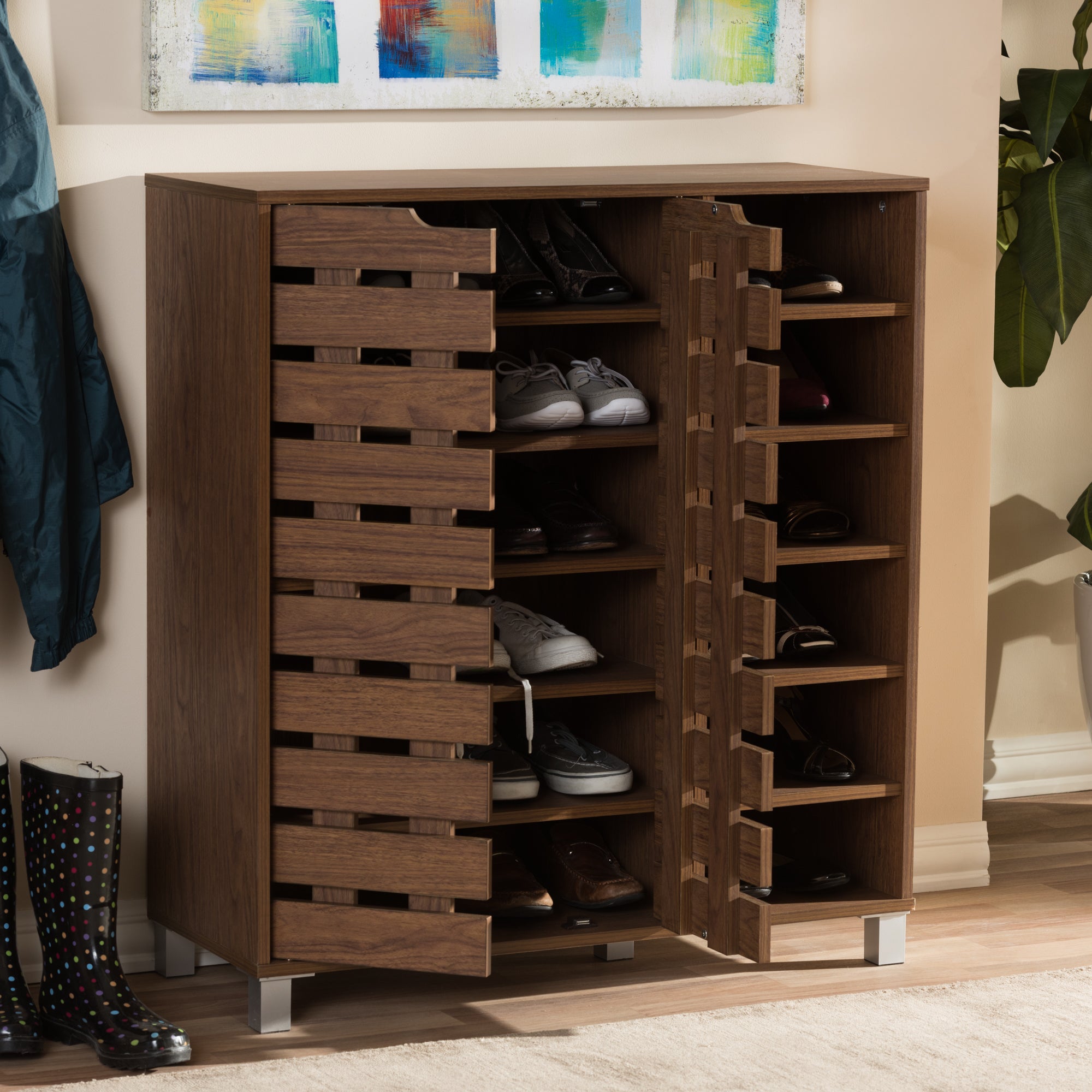Shirley Modern and Contemporary "Walnut" Medium Brown Wood 2-Door Shoe Cabinet with Open Shelves