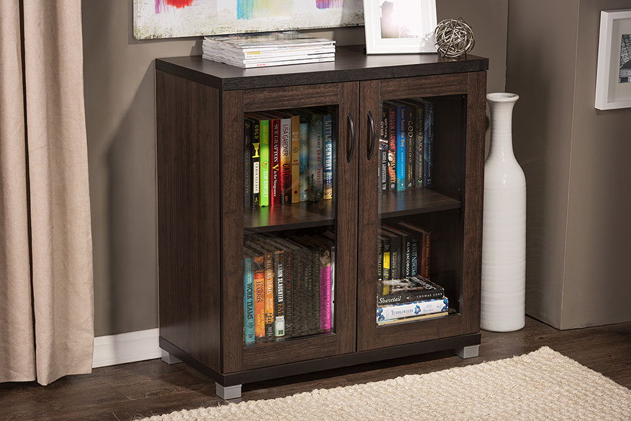 Zentra Modern and Contemporary Dark Brown Sideboard Storage Cabinet with Glass Doors