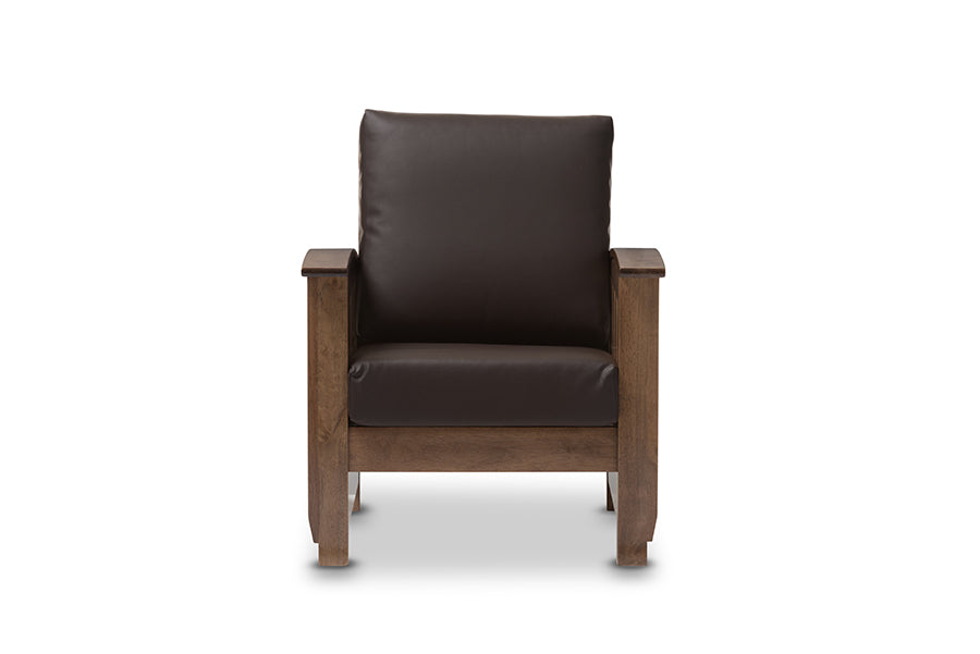 Charlotte Modern Classic Mission Style Walnut Brown Wood and Dark Brown Faux Leather 1-Seater Lounge Chair