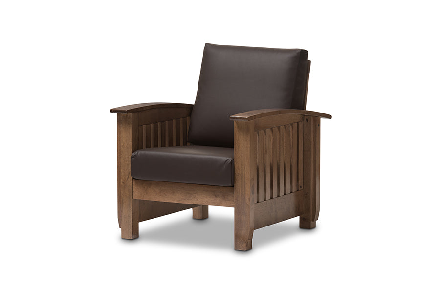 Charlotte Modern Classic Mission Style Walnut Brown Wood and Dark Brown Faux Leather 1-Seater Lounge Chair