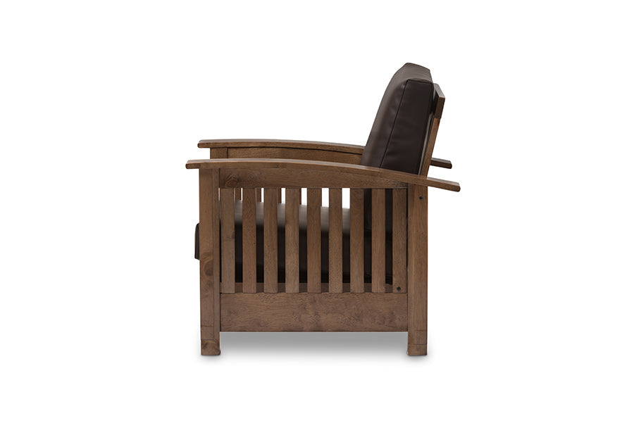 Charlotte Modern Classic Mission Style Walnut Brown Wood and Dark Brown Faux Leather 1-Seater Lounge Chair