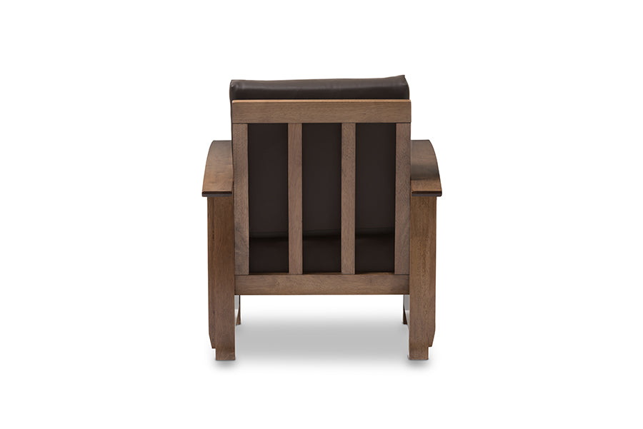 Charlotte Modern Classic Mission Style Walnut Brown Wood and Dark Brown Faux Leather 1-Seater Lounge Chair