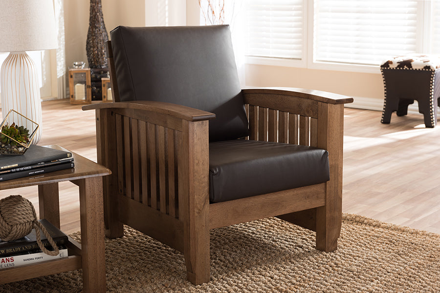 Charlotte Modern Classic Mission Style Walnut Brown Wood and Dark Brown Faux Leather 1-Seater Lounge Chair