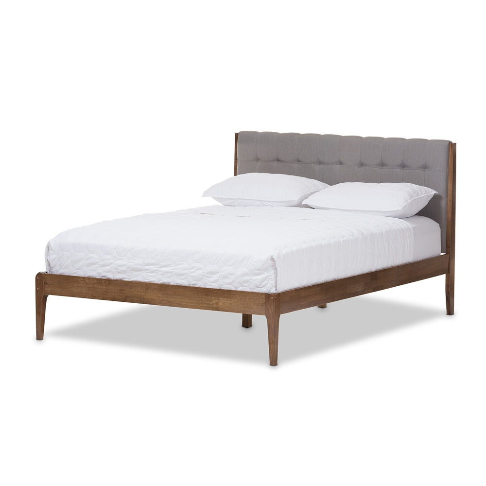 Clifford Dark Grey Fabric and Medium Brown Finish Wood King Size Bed