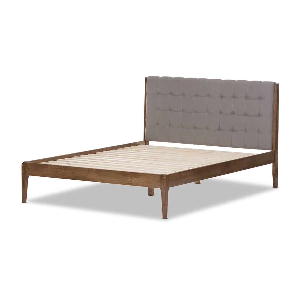 Clifford Dark Grey Fabric and Medium Brown Finish Wood King Size Bed