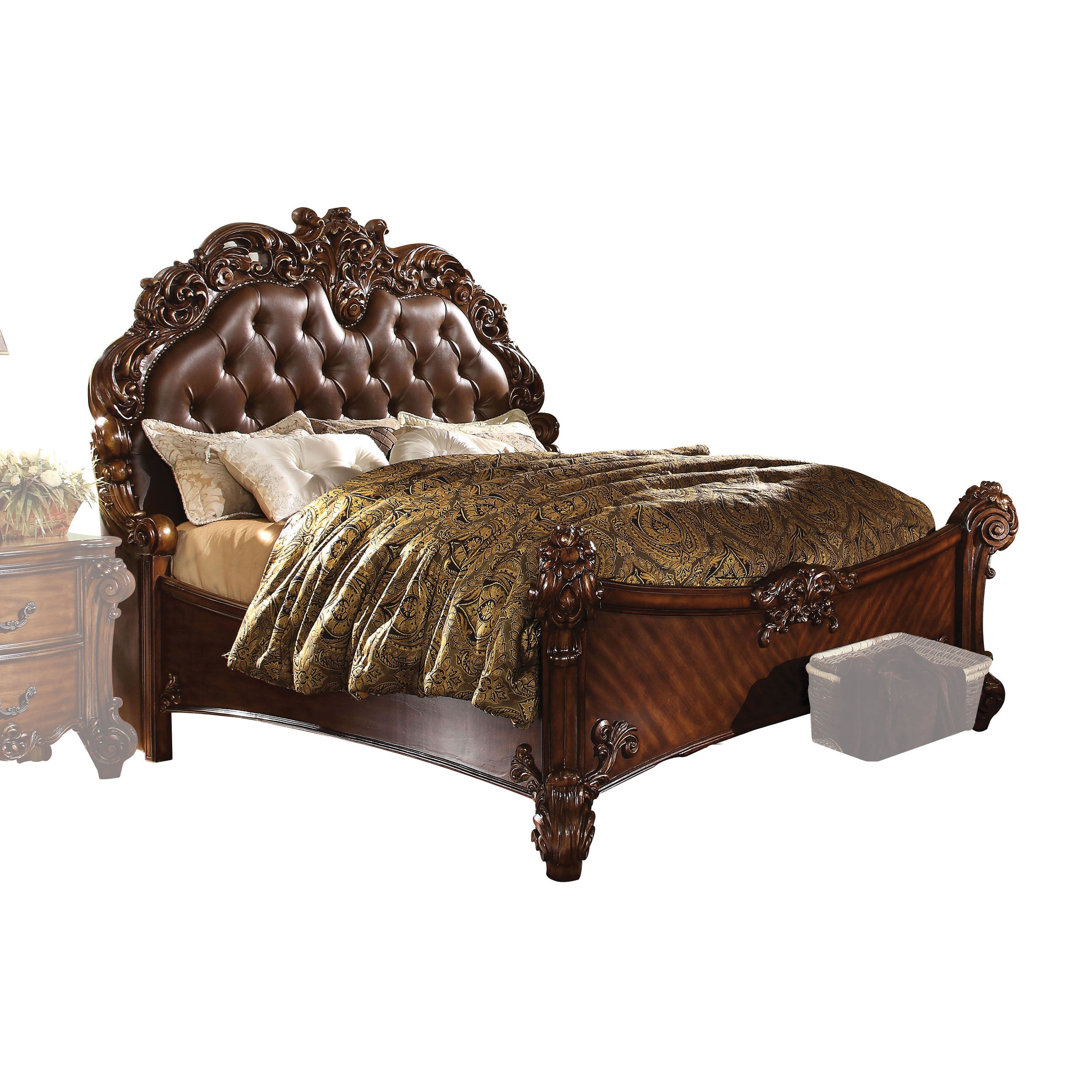 Riko Vendome Eastern King Cherry Synthetic Leather Bed – Traditional Sleigh Design