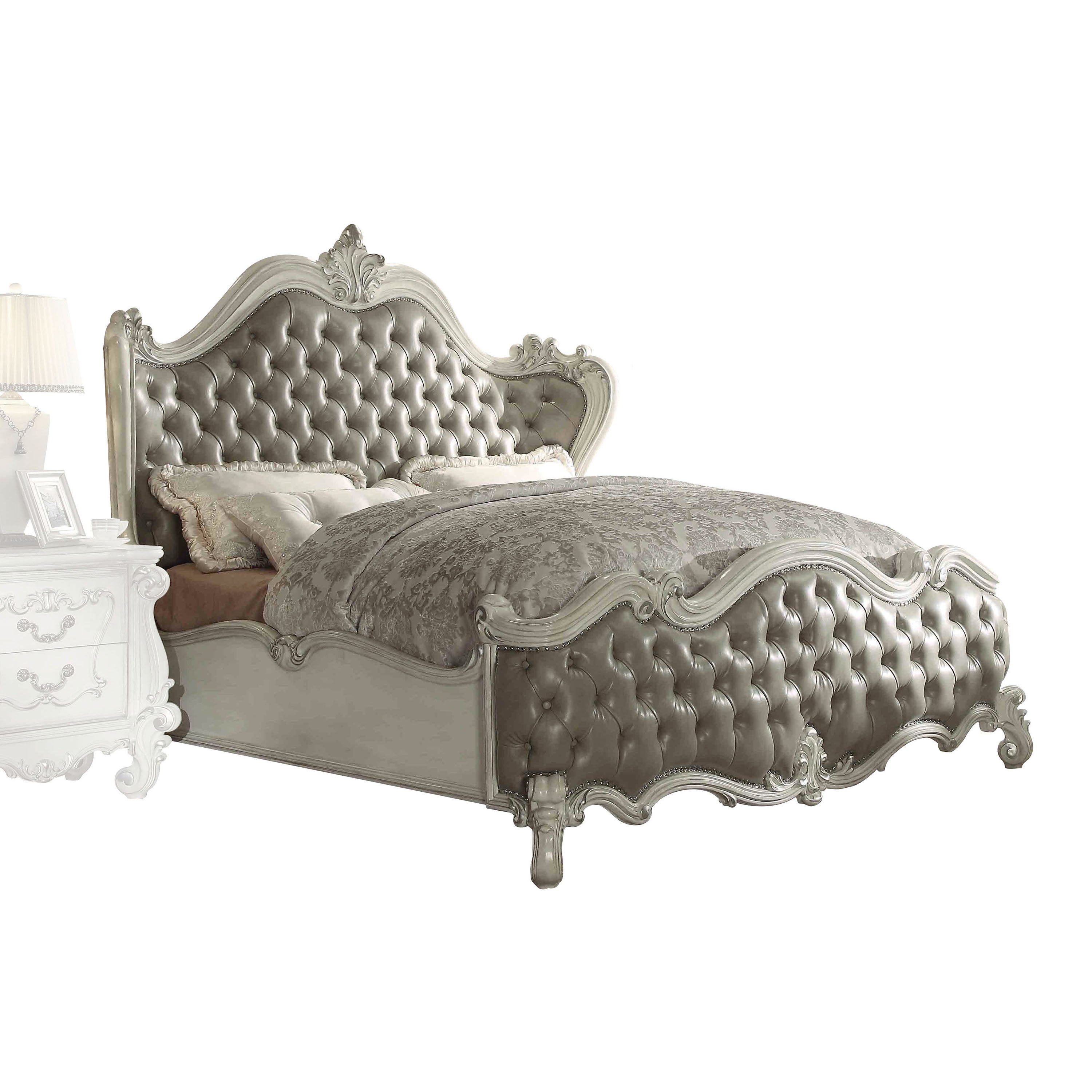 Arjun Versailles California King Brown Wood Bed – Traditional Carved Upholstered Headboard