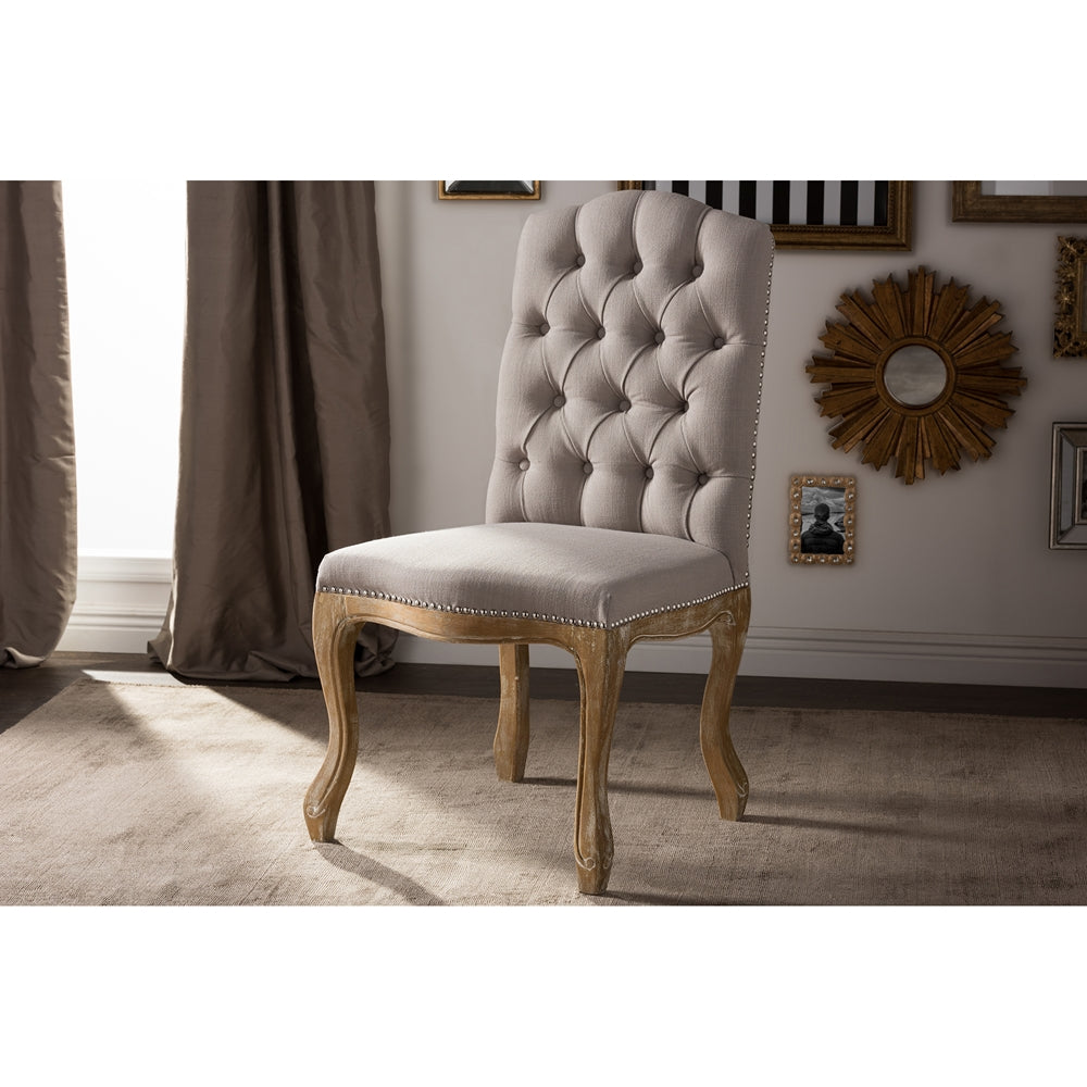Hudson Chic Rustic French Country Cottage Weathered Oak Beige Fabric Button-tufted Upholstered Dining Chair