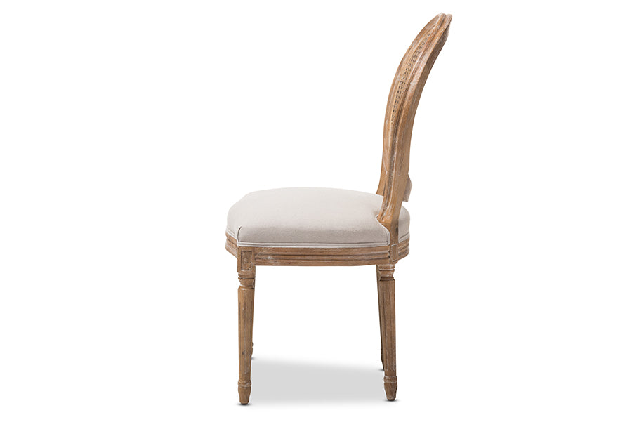 Adelia French Vintage Cottage Weathered Oak Finish Wood and Beige Fabric Upholstered Dining Side Chair with Round Cane Back