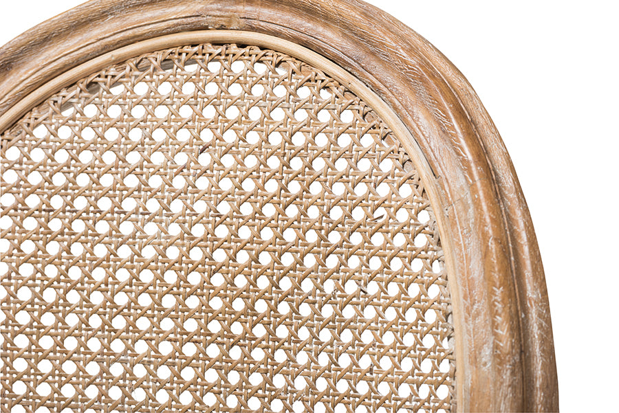 Adelia French Vintage Cottage Weathered Oak Finish Wood and Beige Fabric Upholstered Dining Side Chair with Round Cane Back