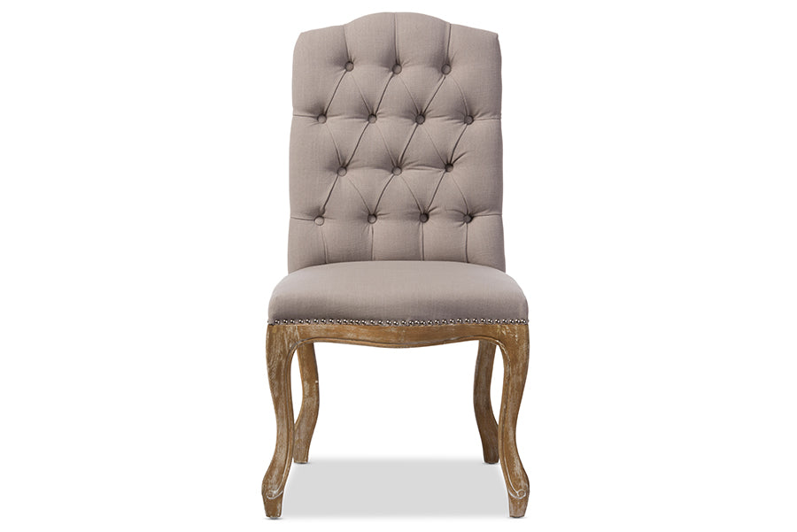Hudson Chic Rustic French Country Cottage Weathered Oak Beige Fabric Button-tufted Upholstered Dining Chair