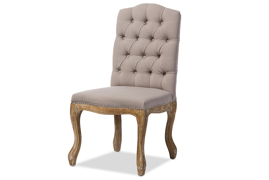 Hudson Chic Rustic French Country Cottage Weathered Oak Beige Fabric Button-tufted Upholstered Dining Chair