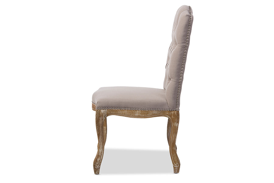 Hudson Chic Rustic French Country Cottage Weathered Oak Beige Fabric Button-tufted Upholstered Dining Chair