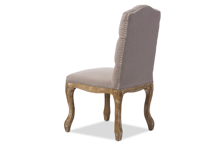 Hudson Chic Rustic French Country Cottage Weathered Oak Beige Fabric Button-tufted Upholstered Dining Chair
